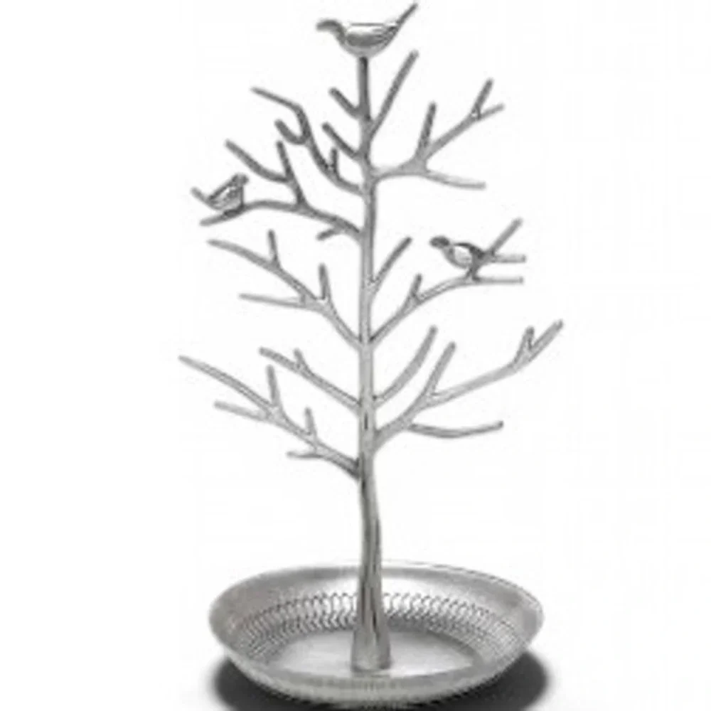 Home Elements 2014 Silver Bird Jewelry Tree Stand Metal Organizer Tray Catch-All
